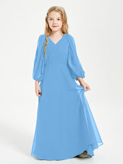 Modest Long Sleeved Junior Bridesmaid Gowns Blue