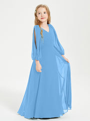 Modest Long Sleeved Junior Bridesmaid Gowns Blue