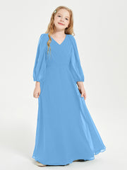Modest Long Sleeved Junior Bridesmaid Gowns Blue