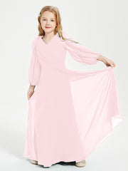 Modest Long Sleeved Junior Bridesmaid Gowns Blushing Pink