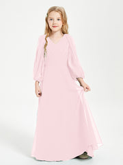Modest Long Sleeved Junior Bridesmaid Gowns Blushing Pink