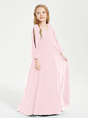 Modest Long Sleeved Junior Bridesmaid Gowns Blushing Pink