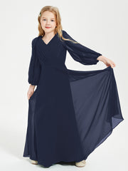 Modest Long Sleeved Junior Bridesmaid Gowns Dark Navy