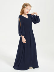 Modest Long Sleeved Junior Bridesmaid Gowns Dark Navy