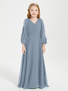 Modest Long Sleeved Junior Bridesmaid Gowns Dusty Blue