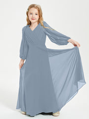 Modest Long Sleeved Junior Bridesmaid Gowns Dusty Blue