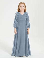 Modest Long Sleeved Junior Bridesmaid Gowns Dusty Blue