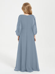 Modest Long Sleeved Junior Bridesmaid Gowns Dusty Blue