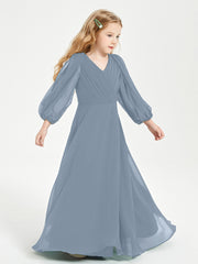 Modest Long Sleeved Junior Bridesmaid Gowns Dusty Blue