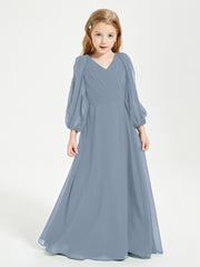 Modest Long Sleeved Junior Bridesmaid Gowns Dusty Blue