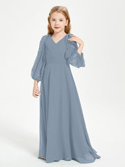 Modest Long Sleeved Junior Bridesmaid Gowns Dusty Blue