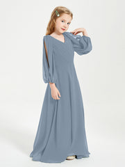 Modest Long Sleeved Junior Bridesmaid Gowns Dusty Blue