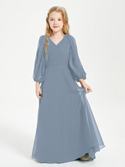 Modest Long Sleeved Junior Bridesmaid Gowns Dusty Blue