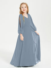 Modest Long Sleeved Junior Bridesmaid Gowns Dusty Blue