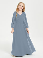 Modest Long Sleeved Junior Bridesmaid Gowns Dusty Blue
