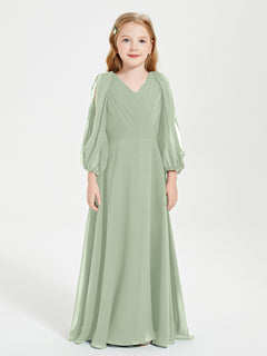 Modest Long Sleeved Junior Bridesmaid Gowns Dusty Sage