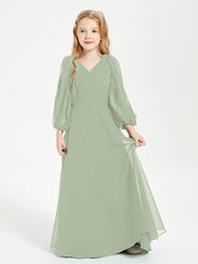 Modest Long Sleeved Junior Bridesmaid Gowns Dusty Sage