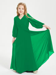 Modest Long Sleeved Junior Bridesmaid Gowns Emerald