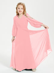 Modest Long Sleeved Junior Bridesmaid Gowns Flamingo