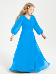 Modest Long Sleeved Junior Bridesmaid Gowns Ocean Blue