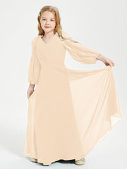 Modest Long Sleeved Junior Bridesmaid Gowns Peach