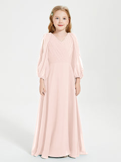 Modest Long Sleeved Junior Bridesmaid Gowns Pearl Pink