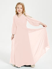 Modest Long Sleeved Junior Bridesmaid Gowns Pearl Pink