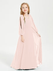 Modest Long Sleeved Junior Bridesmaid Gowns Pearl Pink