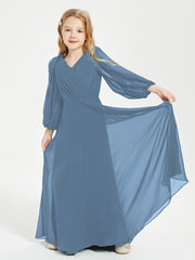 Modest Long Sleeved Junior Bridesmaid Gowns Slate Blue