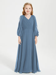 Modest Long Sleeved Junior Bridesmaid Gowns Slate Blue