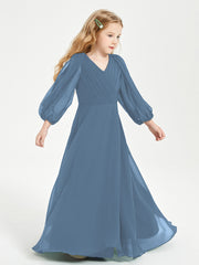 Modest Long Sleeved Junior Bridesmaid Gowns Slate Blue