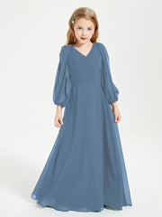 Modest Long Sleeved Junior Bridesmaid Gowns Slate Blue