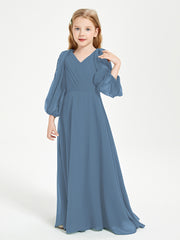 Modest Long Sleeved Junior Bridesmaid Gowns Slate Blue
