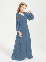 Modest Long Sleeved Junior Bridesmaid Gowns Slate Blue
