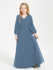 Modest Long Sleeved Junior Bridesmaid Gowns Slate Blue