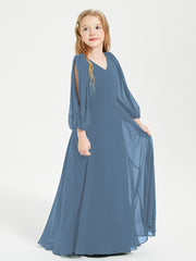 Modest Long Sleeved Junior Bridesmaid Gowns Slate Blue