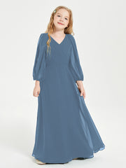 Modest Long Sleeved Junior Bridesmaid Gowns Slate Blue