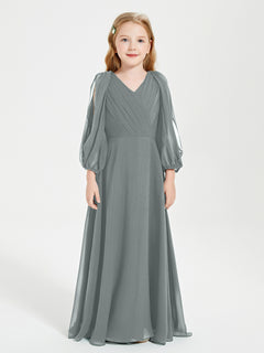 Modest Long Sleeved Junior Bridesmaid Gowns Steel Grey