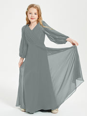 Modest Long Sleeved Junior Bridesmaid Gowns Steel Grey