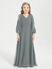 Modest Long Sleeved Junior Bridesmaid Gowns Steel Grey