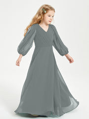 Modest Long Sleeved Junior Bridesmaid Gowns Steel Grey