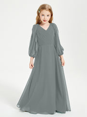 Modest Long Sleeved Junior Bridesmaid Gowns Steel Grey