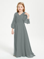 Modest Long Sleeved Junior Bridesmaid Gowns Steel Grey