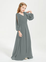 Modest Long Sleeved Junior Bridesmaid Gowns Steel Grey