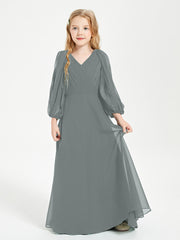 Modest Long Sleeved Junior Bridesmaid Gowns Steel Grey