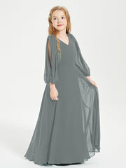 Modest Long Sleeved Junior Bridesmaid Gowns Steel Grey