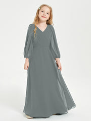 Modest Long Sleeved Junior Bridesmaid Gowns Steel Grey