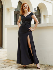 A-line V-Neck Beading Gown Black