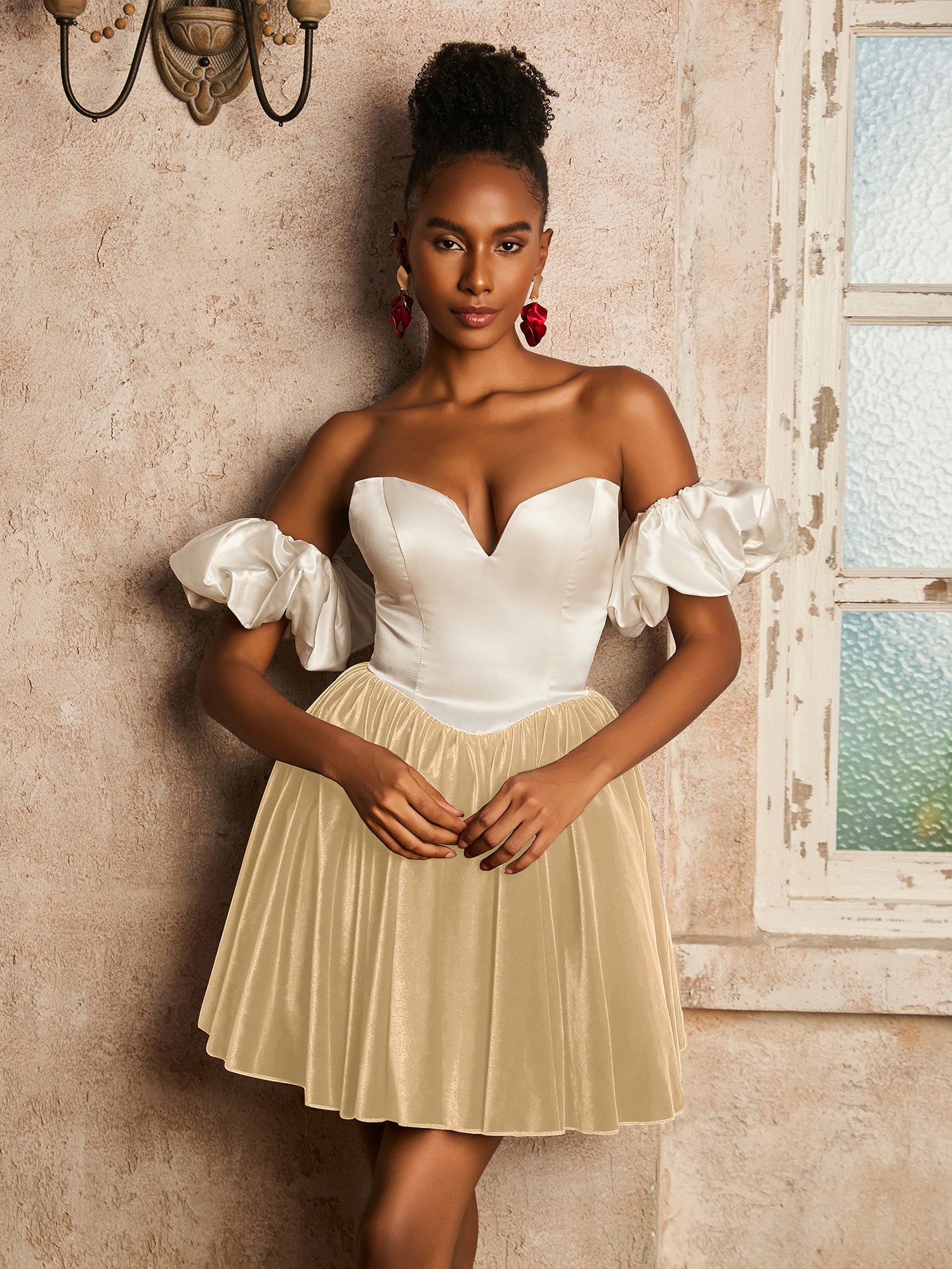 BABARONI Satin Velvet Champagne Short Prom Dresses A-line Sweetheart ...