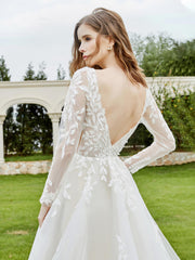 Plunging V-neck Appliqued Bridal Gown with Slit Ivory